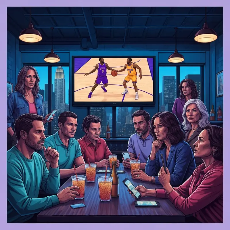 A group of fans watching the kings vs knicks game in a New York sports bar.