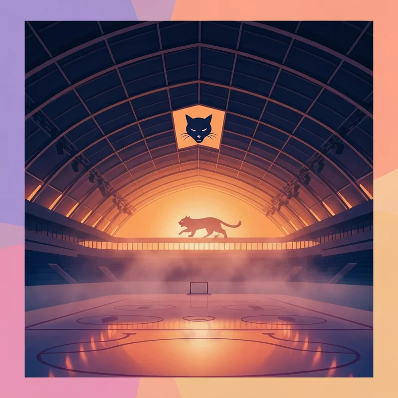 The architectural interior of Amerant Bank Arena, home of the Florida Panthers, glowing with team colors during a high-stakes game night.