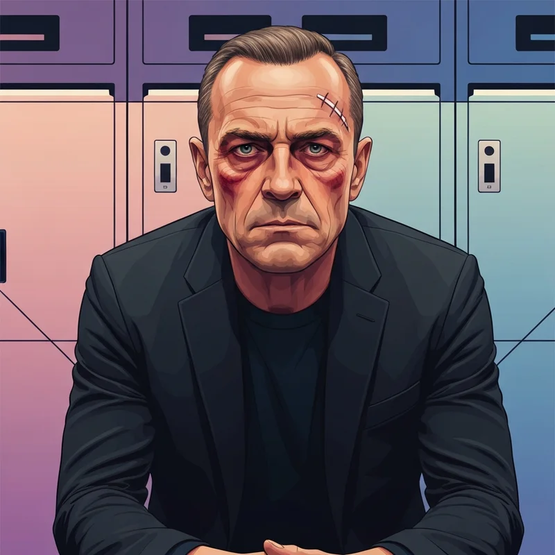 A close-up of a coach-like figure showing a facial scar similar to the Craig Berube injury.