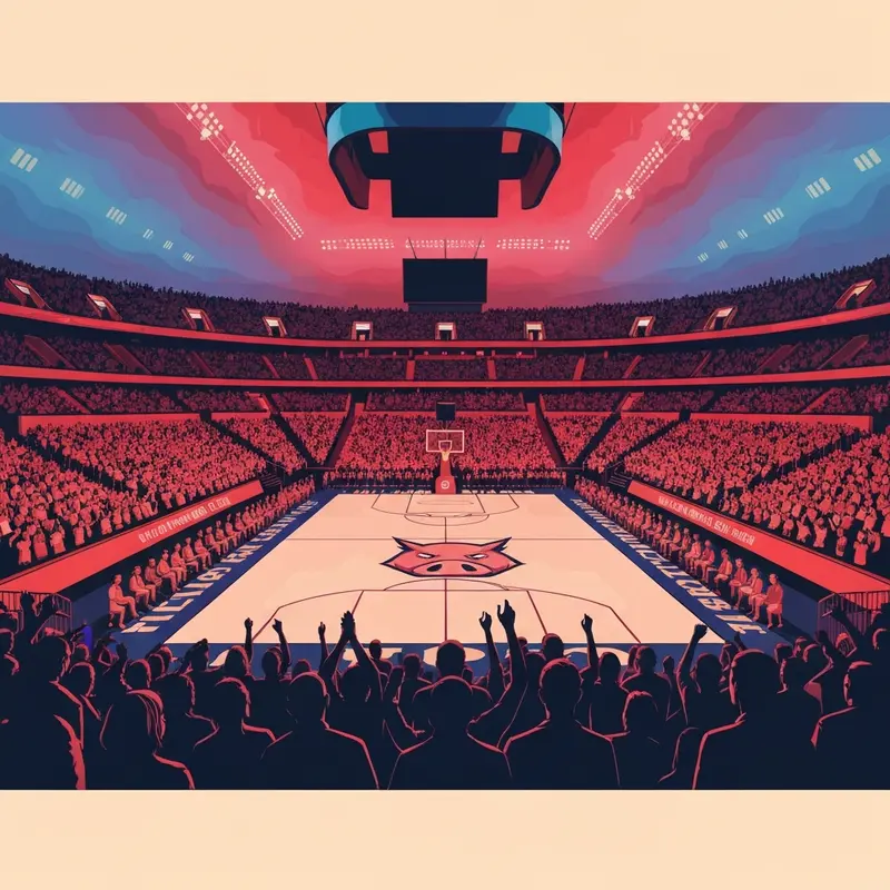 The high-energy atmosphere of an arkansas basketball game at Bud Walton Arena.
