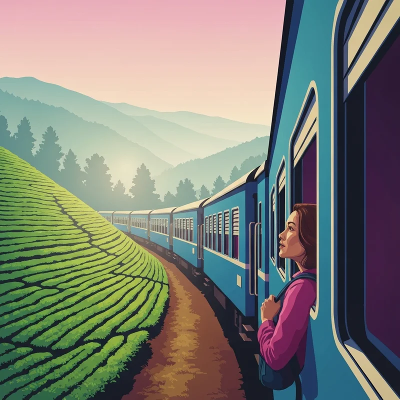 A scenic view of a train traveling through the Nuwara Eliya tea plantations, illustrating the beauty of Sri Lanka travel.
