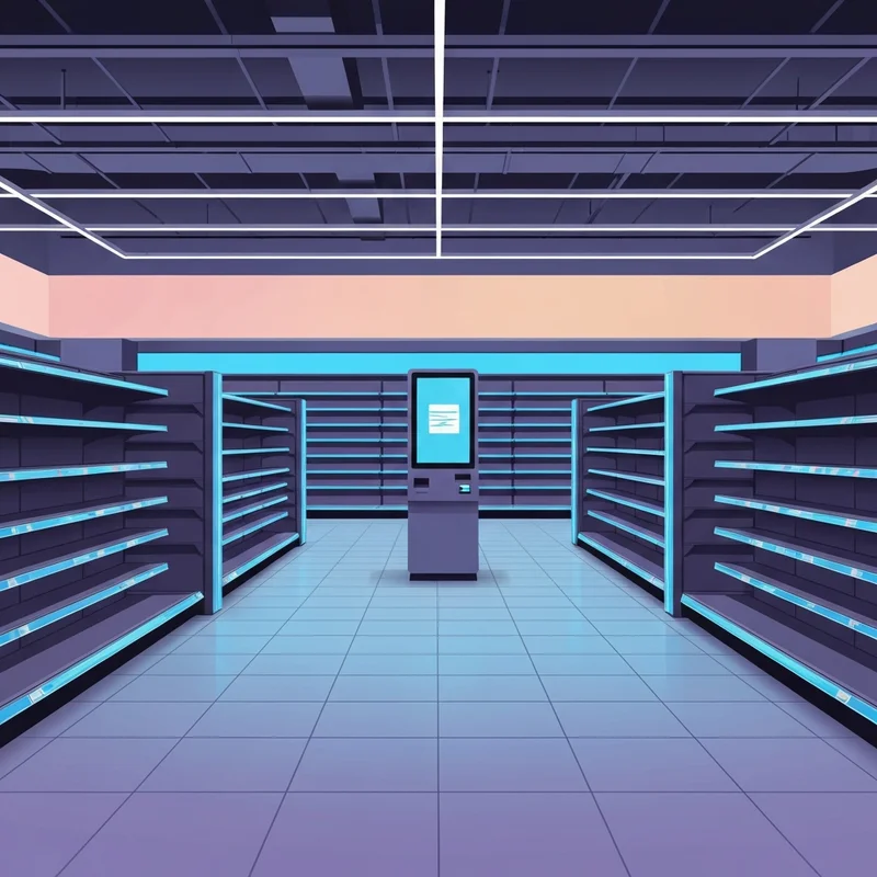 A quiet and modern grocery store interior reflecting the reality of amazon fresh grocery stores closing with empty aisles and digital displays.