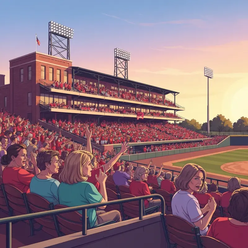 Fans in red jerseys cheering for the st louis cardinals at a historic stadium during sunset.