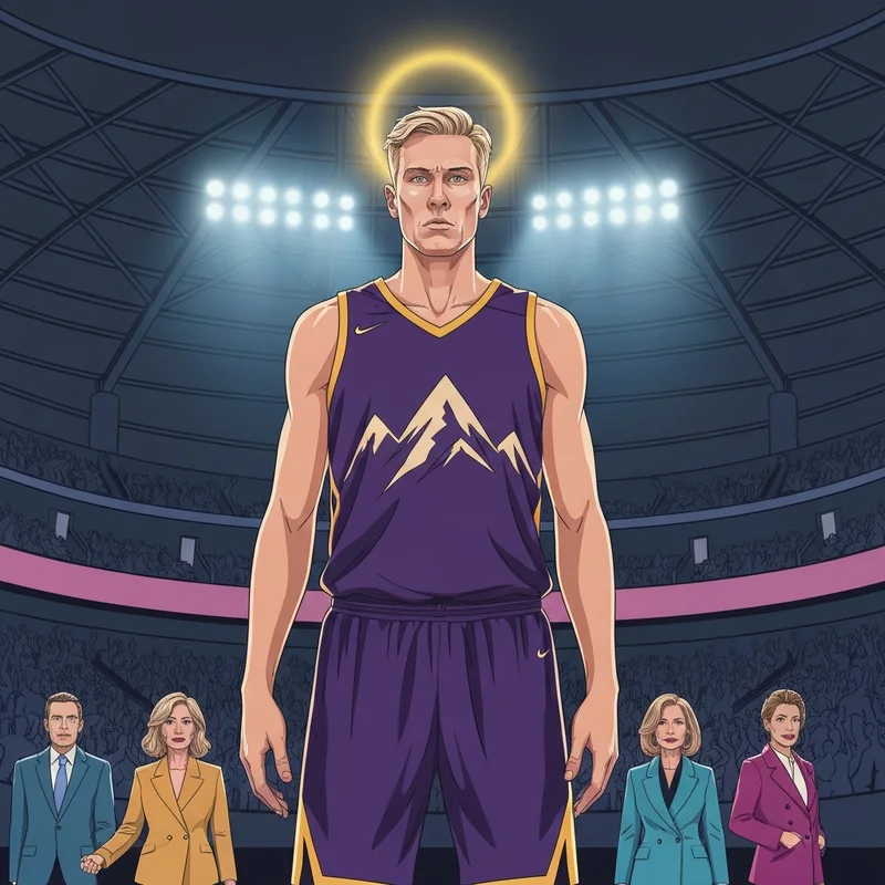 A professional basketball player representing the elite status of Lauri Markkanen in a dramatic stadium setting.