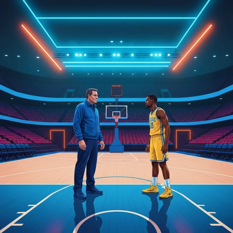 A dramatic and cinematic visualization of the clippers vs jazz rivalry in a futuristic arena.