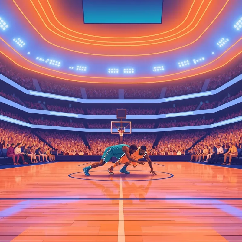Atmospheric shot of a high-tension basketball game similar to the Nets vs Suns matchup with cinematic lighting.