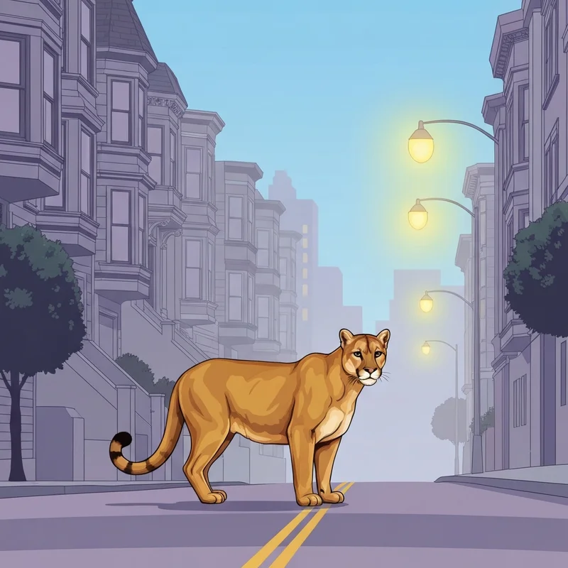 A majestic mountain lion San Francisco sighting in the foggy streets of Pacific Heights at night.