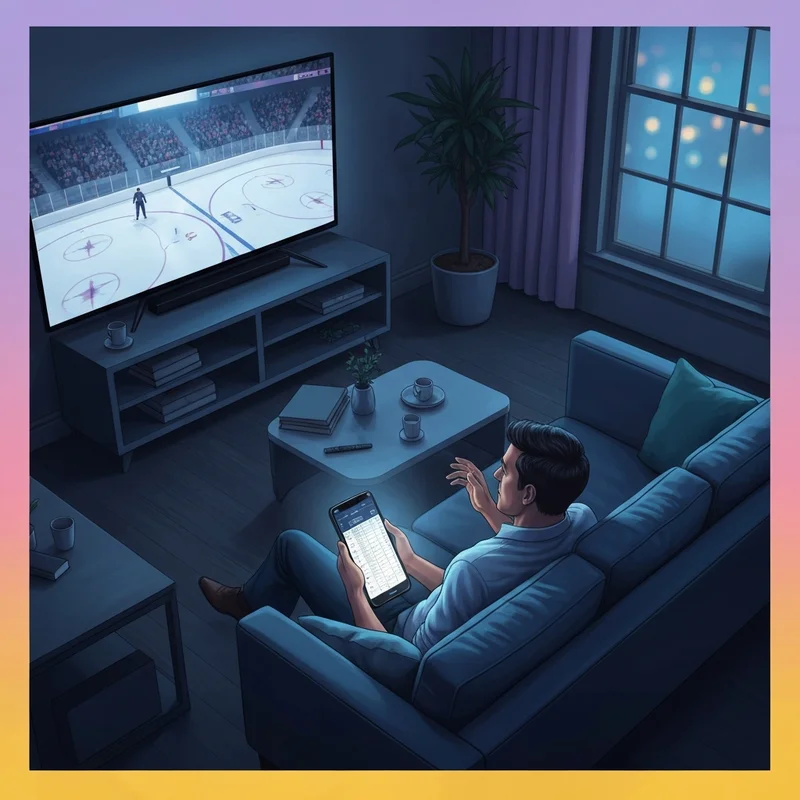 A dedicated fan checking the nhl standings on their phone late at night in a modern apartment.