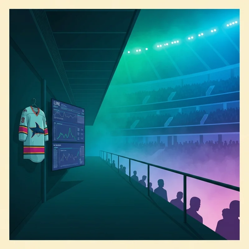 A high-energy digital rendering of the Sharks vs Canucks rivalry atmosphere in a modern hockey arena.