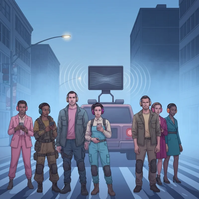 A group of activists prepared with ear protection and digital tools to defend against an LRAD device.