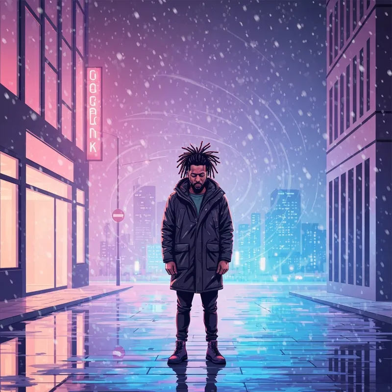 J. Cole Birthday Blizzard '26 cover art style featuring a contemplative artist in a snowstorm.