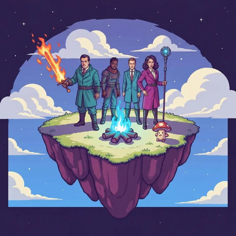 A group of players gathered on a Skyblock seed island in Terraria 1.4.5 preparing for an adventure.