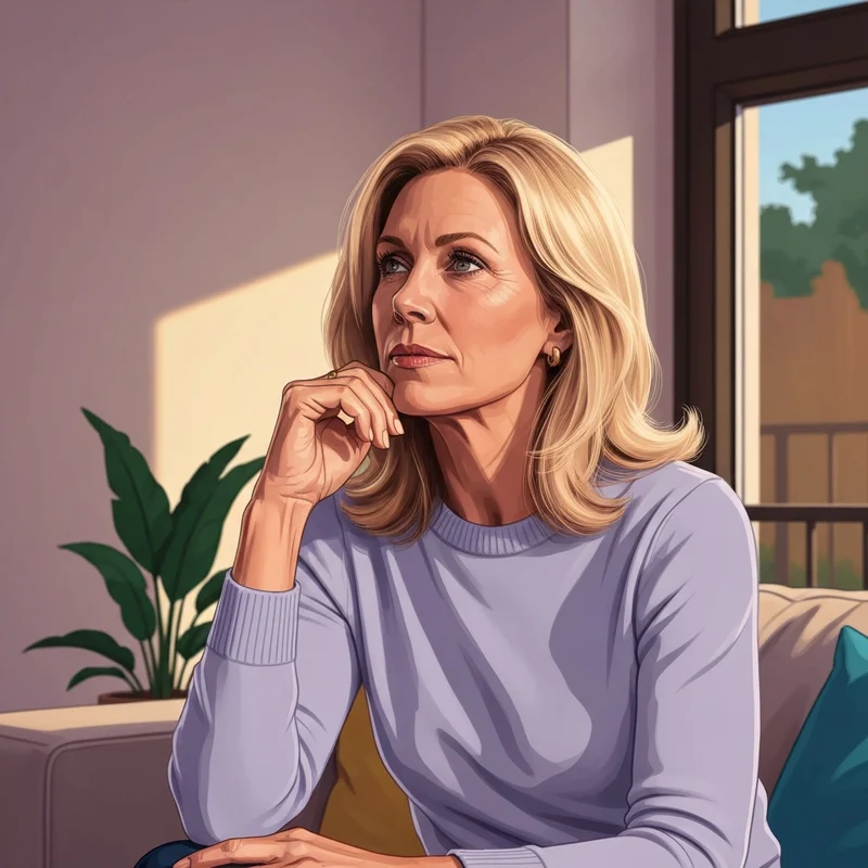 A thoughtful woman reflecting on life's changes, inspired by the emotional honesty of Claire Danes.