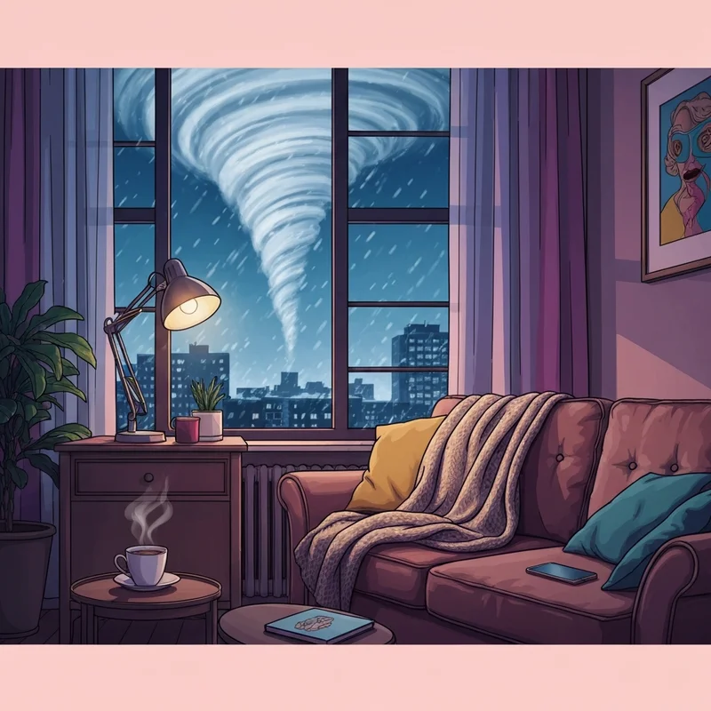 A cozy apartment sanctuary during a powerful bomb cyclone blizzard.