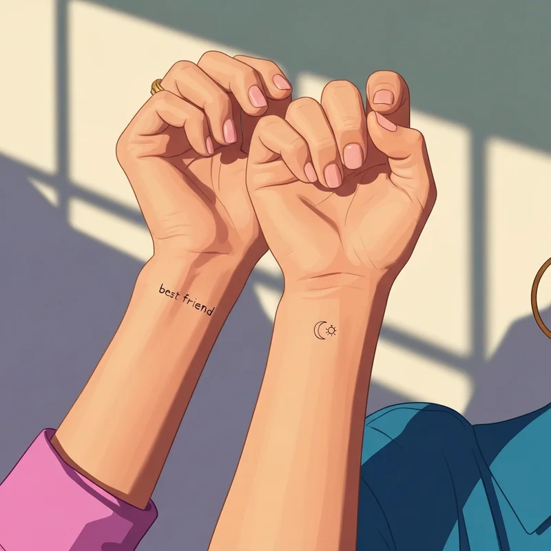 Two friends showing their matching little best friend tattoos in a minimalist studio.