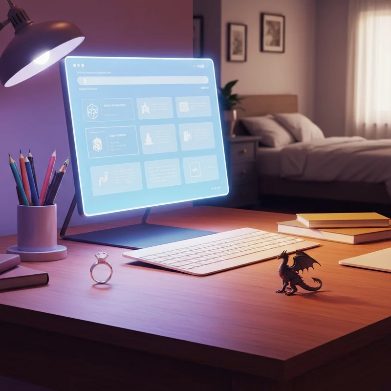 A digital interface for the Friends and Fables AI RPG glowing on a desk next to a wedding ring.