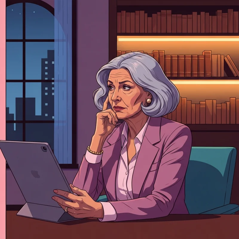 A mature woman researching the facts behind the mystery of obama's friend michael in a library.