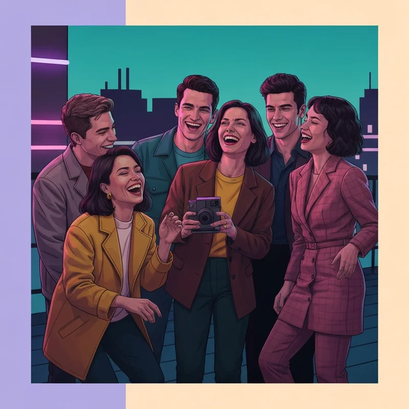 A group of stylish young adults celebrating their bond, illustrating the creative energy behind what rhymes with friend.