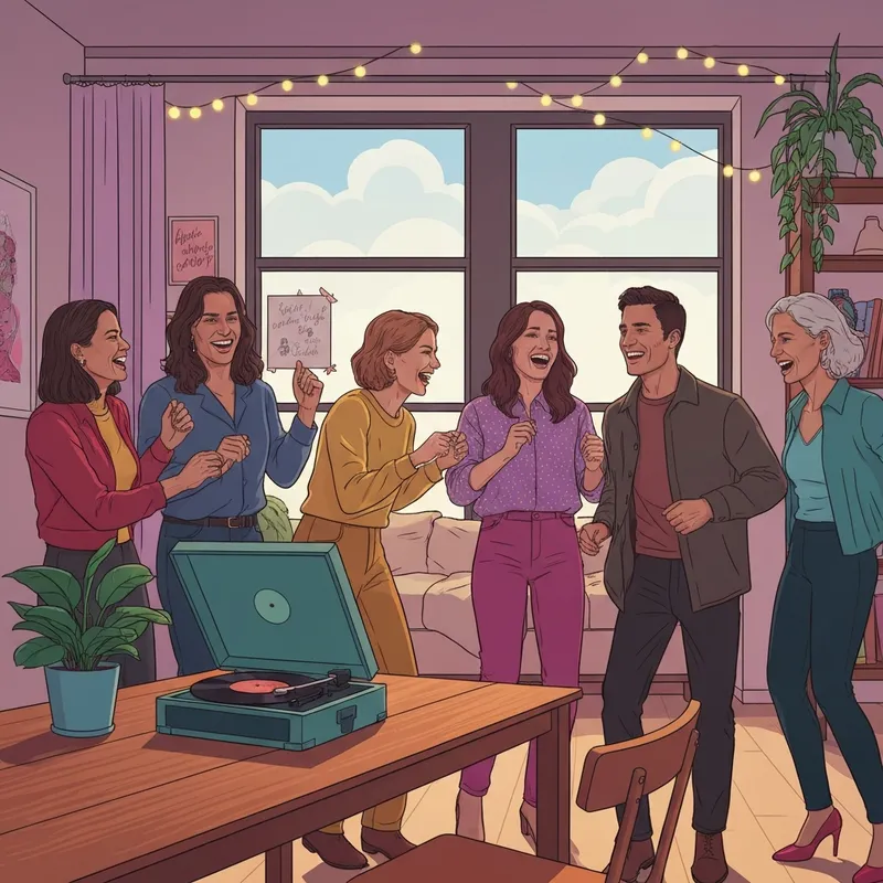 A group of young friends laughing while listening to friends songs on a record player in a sunlit room