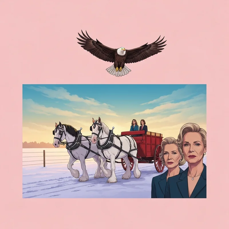 A majestic scene from a budweiser super bowl commercial featuring Clydesdales and a bald eagle in a snowy landscape.