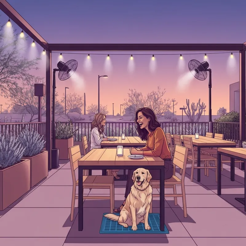 A peaceful patio scene at one of the top dog friendly restaurants phoenix where a pet is resting comfortably in the shade.