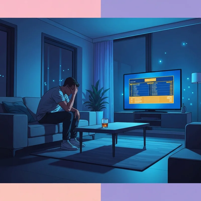 A fan reacting to the Kentucky vs Vanderbilt 80-55 blowout loss in a dimly lit room.