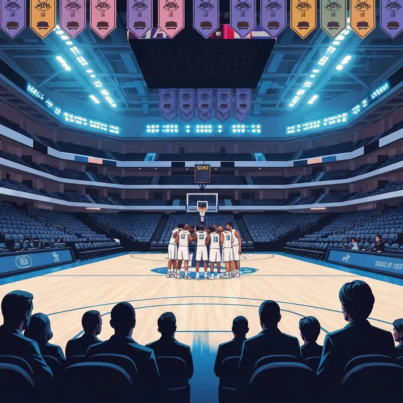 The iconic UConn men's basketball championship banners hanging above a crowded and electric Gampel Pavilion during a game.