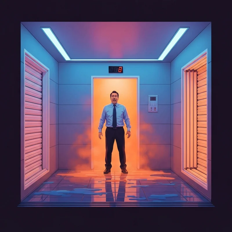 A man experiencing a comedic beauty disaster similar to the friends spray tan ross episode in a neon-lit tanning booth.