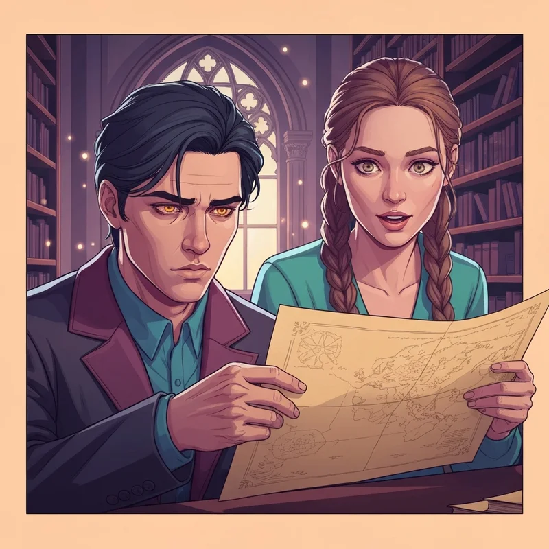 Characters from I Became a Childhood Friend of a Mid-Level Boss sharing a moment of friendship in a fantasy library.
