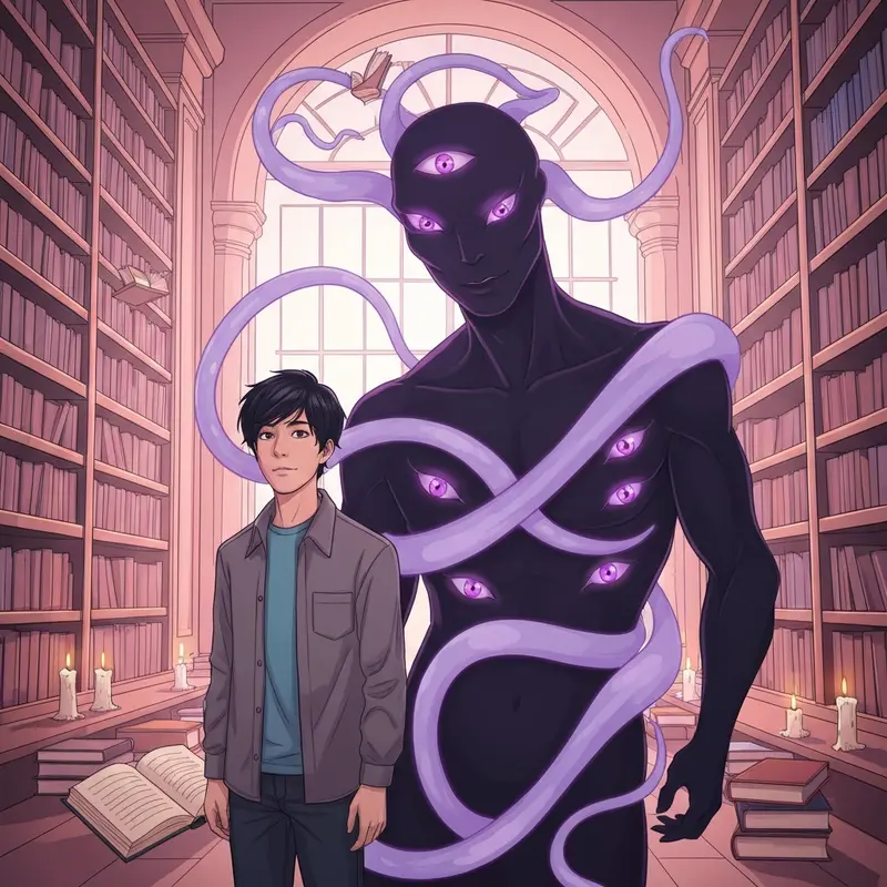 A cinematic illustration of a student and his cosmic companion from the series my best friend is an eldritch horror.