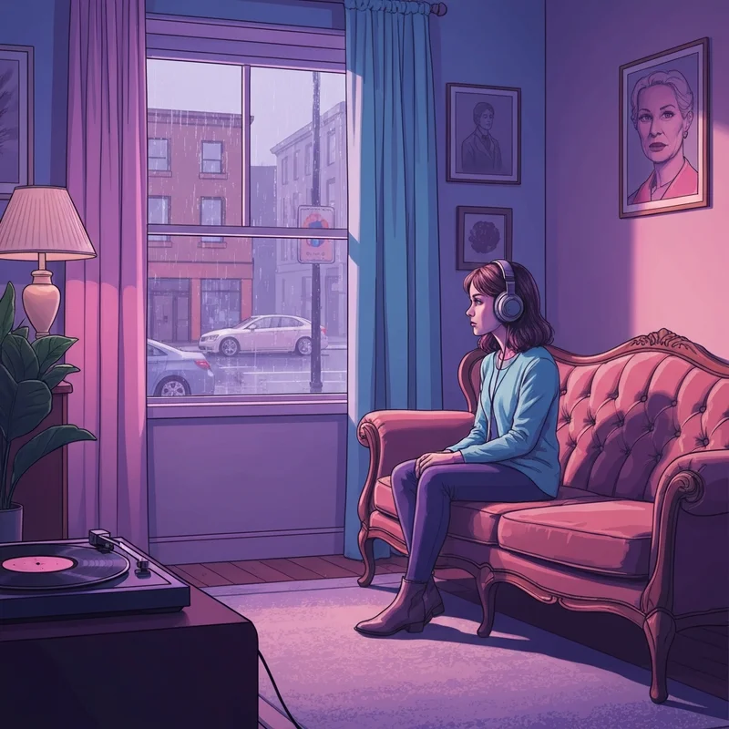 A young woman listening to lost best friend songs on her headphones while looking out a rainy window, symbolizing platonic grief and healing.