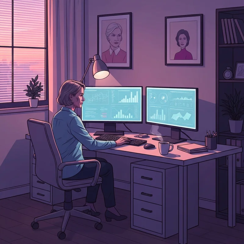 A confident professional analyzing earnings stocks data on multiple screens in a modern home office setting.