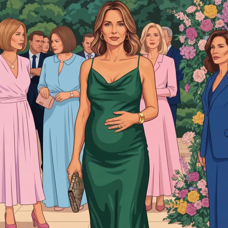 A stylish woman wearing one of the best bump friendly wedding guest dresses at a garden ceremony.