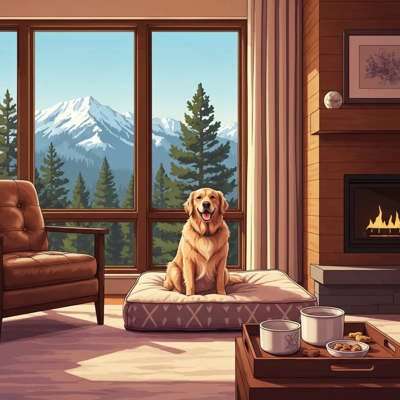 A luxury room at one of the top dog friendly hotels bend oregon featuring a happy dog and mountain views.