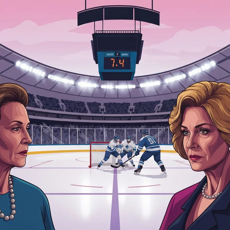 The Sabres vs maple leafs game action at Scotiabank Arena showing intense gameplay and the final score on the board.