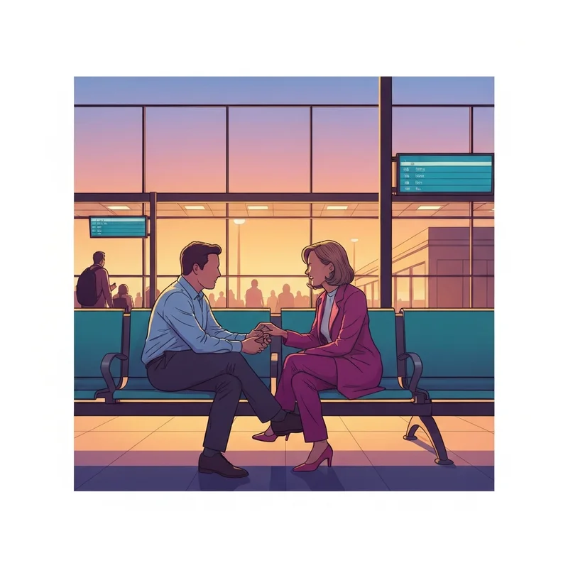 Two people connecting as friends of bill in an airport terminal.