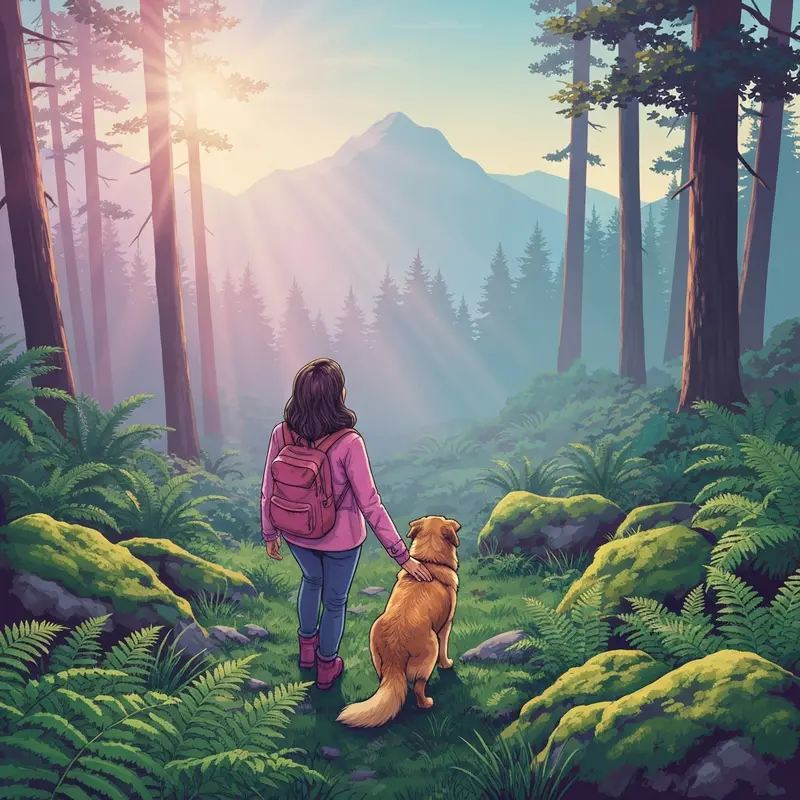 A happy dog and owner exploring hiking trails near me dog friendly in a lush forest.