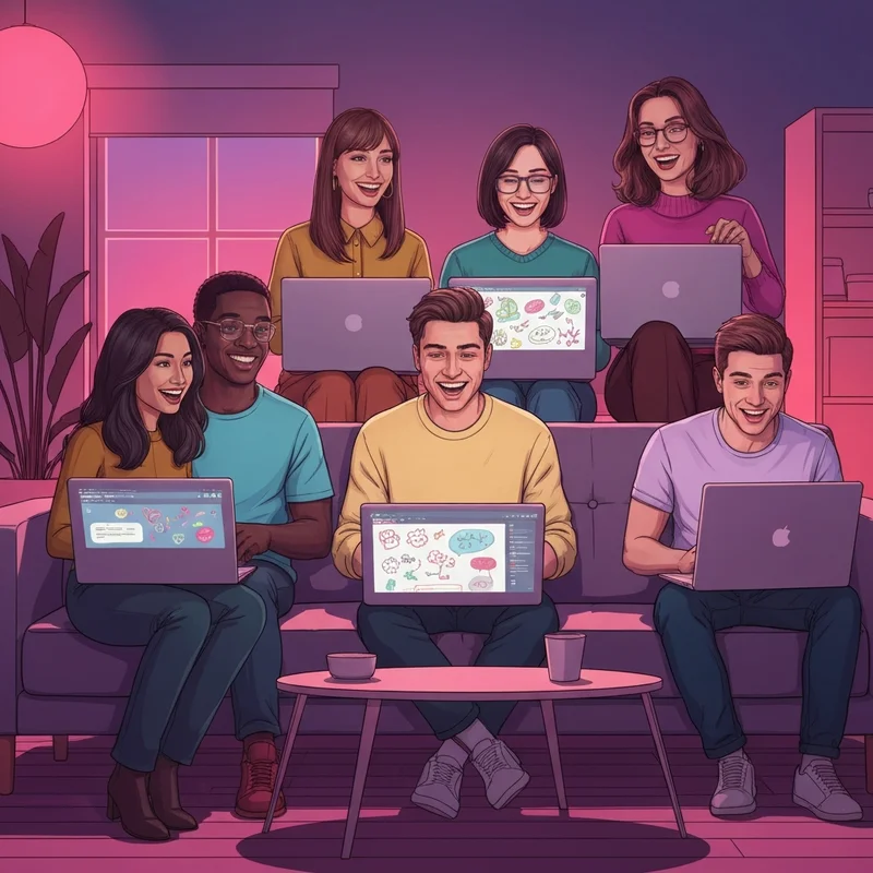 A group of friends laughing while figuring out how to join my friends skribbl in public server on their laptops.