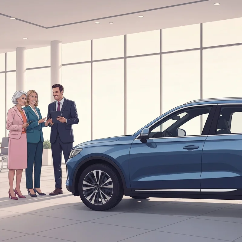 A family buying a new car using the ford friends and family discount in a modern showroom.