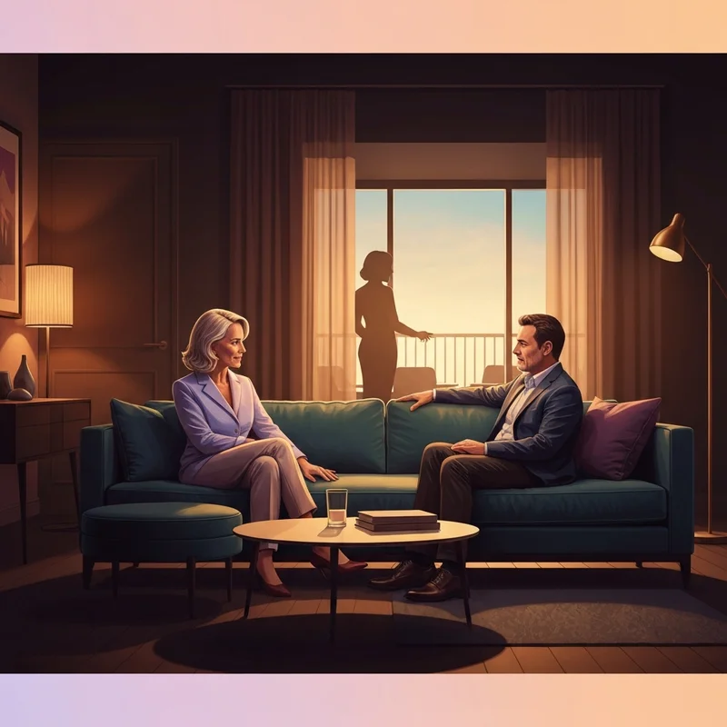 A couple discussing the fantasy of sharing wife with a friend in a dimly lit, sophisticated setting.