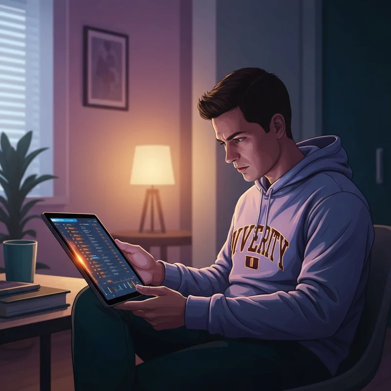 A dedicated fan analyzing the current big ten basketball standings on a tablet in a cozy home setting.