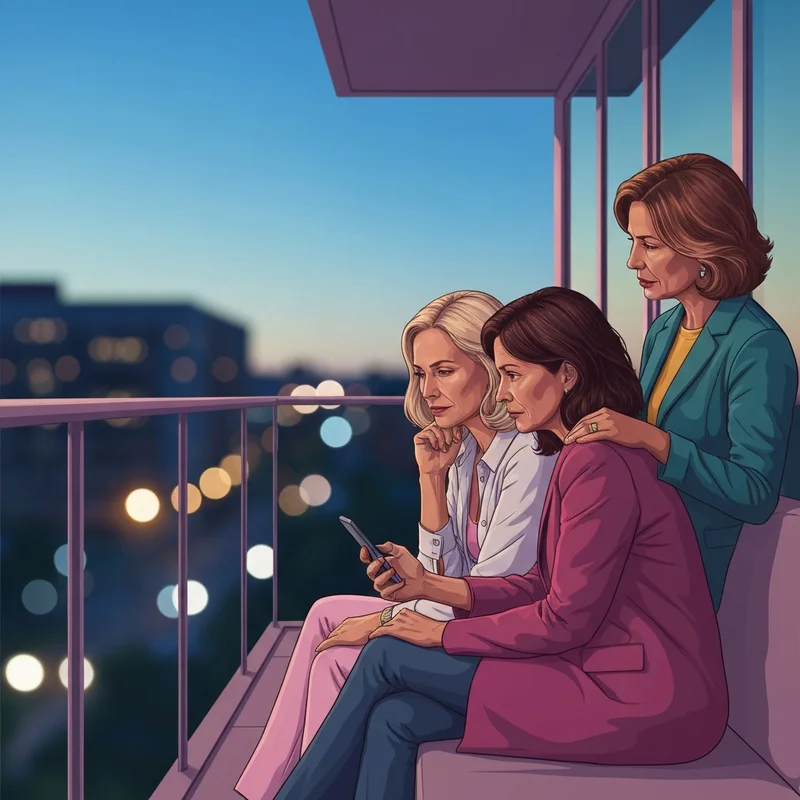 Two friends sharing a moment of emotional support and phrases of encouragement for a friend on a balcony at night.