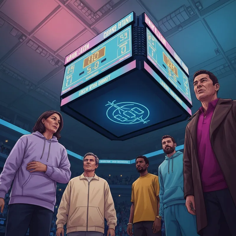 A high-energy basketball arena scoreboard showing the intense pistons vs nuggets matchup with fans cheering.