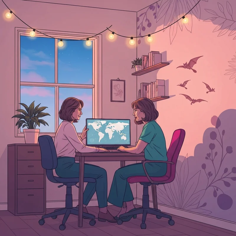 A woman calmly researching a nipah virus outbreak on her laptop in a safe, cozy home environment.