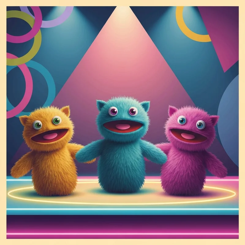 A group of colorful puppets performing on a stage, illustrating the Yo Gabba Gabba don't bite your friends message.