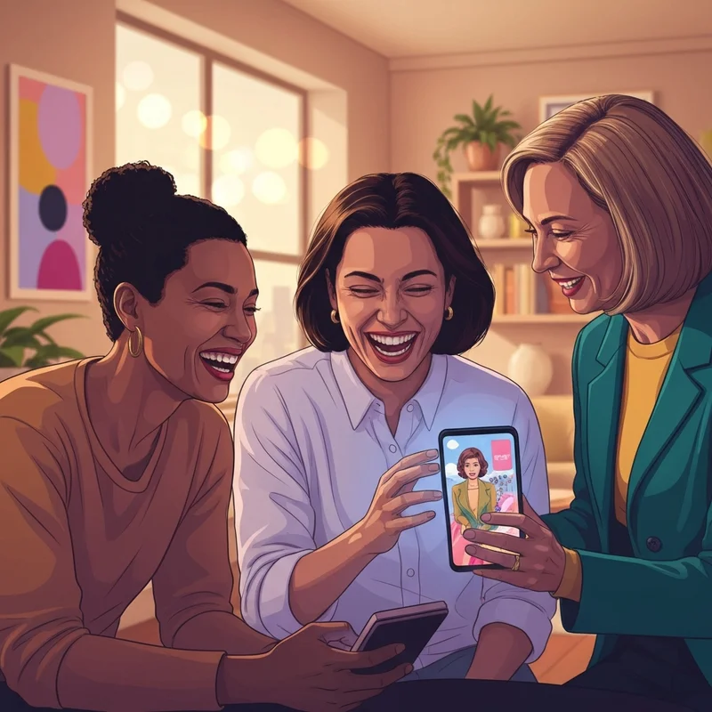 A group of close friends laughing while looking at a vibrant friends happy birthday gif on a smartphone in a cozy apartment.