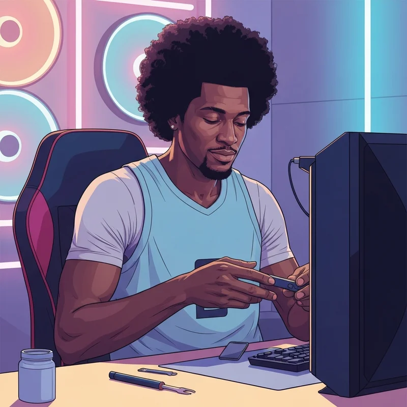 Jarrett Allen building a PC in a neon-lit room representing his off-court personality and trade rumors context.
