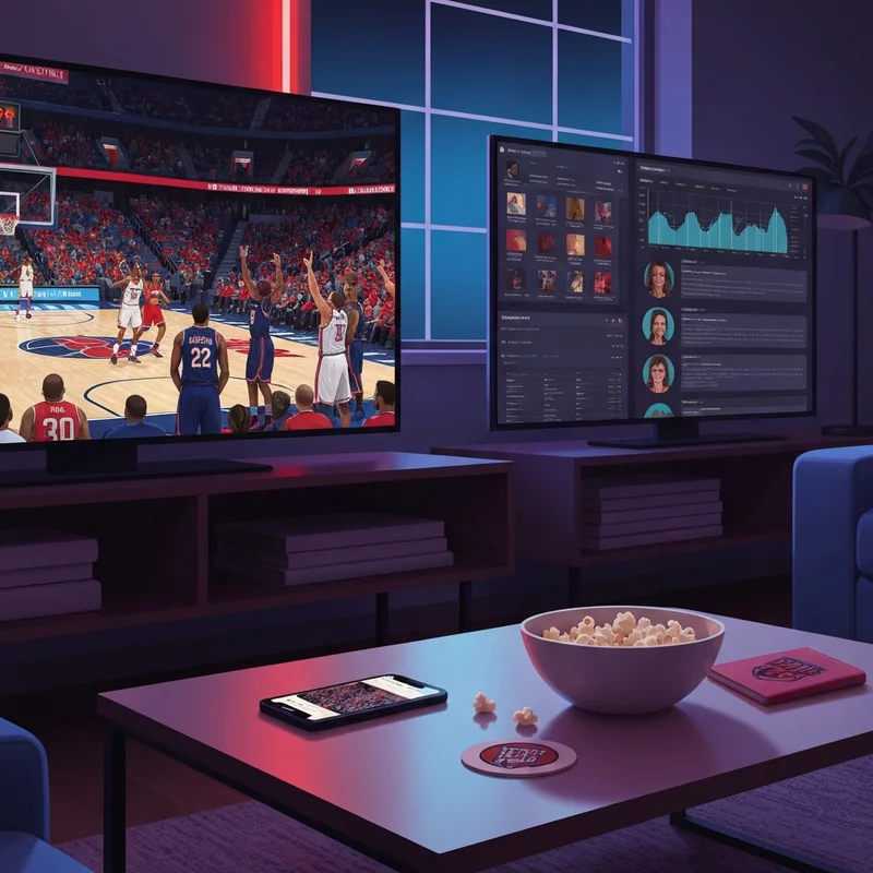A high-tech living room setup for watching the bulls vs pacers game featuring multiple screens and sports analytics.