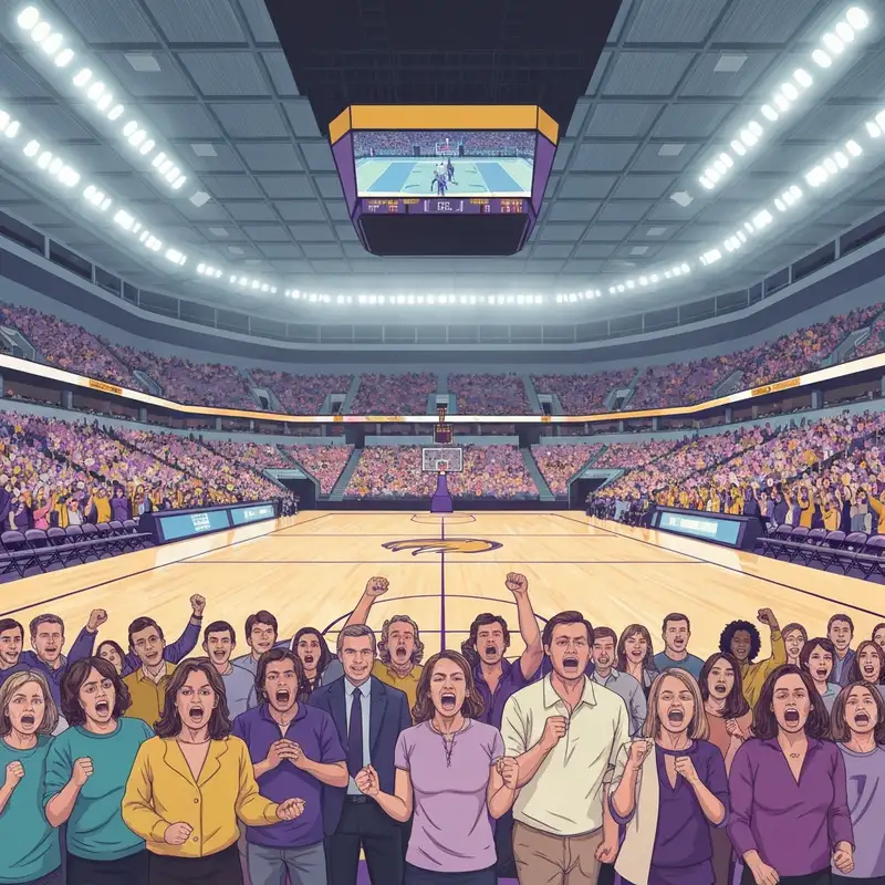 A high-energy crowd of fans cheering during an LSU Basketball game at the PMAC in Baton Rouge.