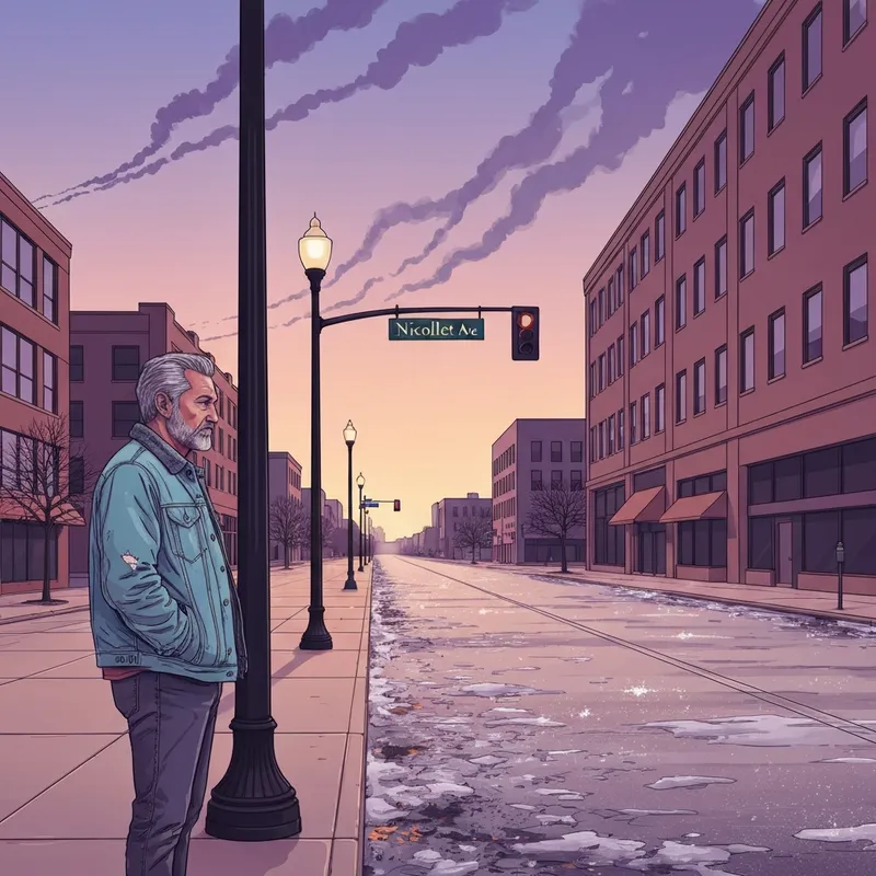 A pensive man standing on a street reflecting the themes found in the Streets of Minneapolis lyrics.